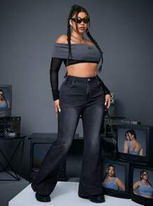 SHEIN ICON Quần Jeans Đơn Giản Thường Ngày Cho Nữ Cỡ Lớn - màu đen - Xem 6