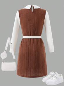 Vestido skater de niña preadolescente con cuello de volantes de punto sintético y cinturón, para primavera/otoño - Multicolor - Ver 2