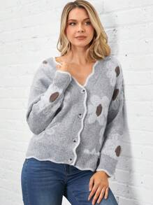SHEIN LUNE Áo khoác cardigan ấm áp họa tiết hoa 3D viền sóng cho nữ, mặc thường ngày và công sở, mùa thu/đông - Xám - Xem 1