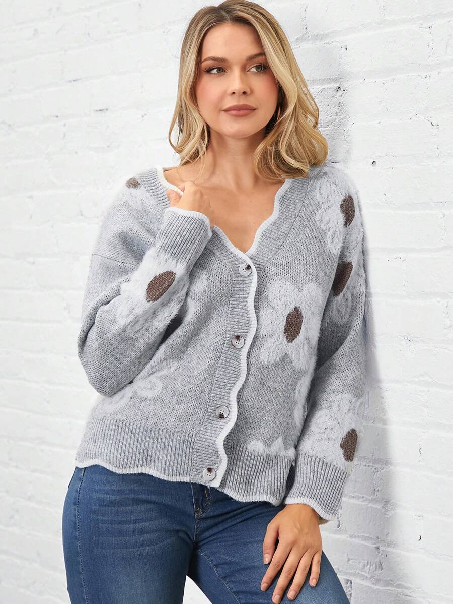 SHEIN LUNE Áo khoác cardigan ấm áp họa tiết hoa 3D viền sóng cho nữ, mặc thường ngày và công sở, mùa thu/đông - Xám - Xem 1