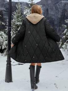 GENKIRA 女式休闲超大连帽色块菱形图案长款绗缝派克大衣加厚保暖聚酯纤维合成保暖冬季外套，秋冬装女式秋季服装 - 黑色 - 查看 2