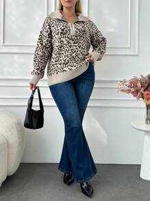RueChic Plus Zipper Detail Relaxed Fit Leopard Jacquard Sweater, For Winter - Multicolor - View 3