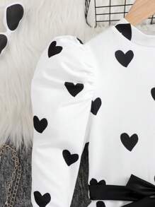 SHEIN Tween Girls Elegant Heart Pattern Fashionable Knitted Round Neck Long Sleeve Leg-Of-Mutton Sleeve Belted Peplum Tee T-Shirt With Ruffle Hem And PU Legging 2pcs Set, For Daily Wear,Back To School, Casual Occasions, For Autumn Winter
