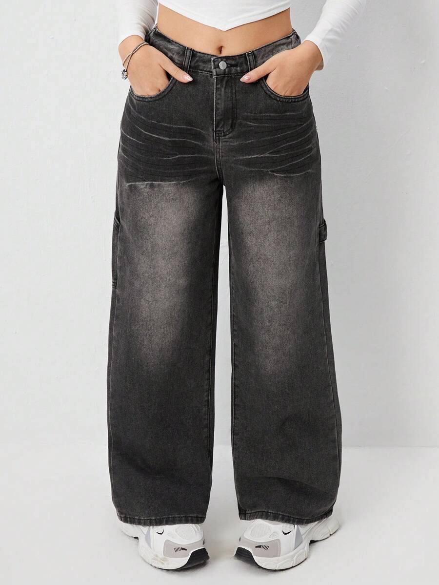 SHEIN Y2K 街头时尚宽松腰部洗水黑灰色牛仔裤,适合少女 - 黑色 - 查看 1