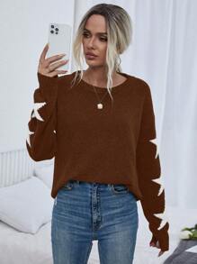 SHEIN LUNE Women's Casual Round Neck Dropped Shoulder Long Sleeve Star Pattern Knit Sweater, Autumn/Winter - Rust Brown - View 4