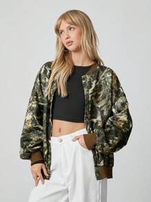 SHEIN EZwear Fashion Camouflage Print Button Front Jacket, Autumn - Army Green - View 4
