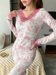 DAZY Bộ đồ ngủ in họa tiết chắp vá ren bó sát - Hồng - Xem 6