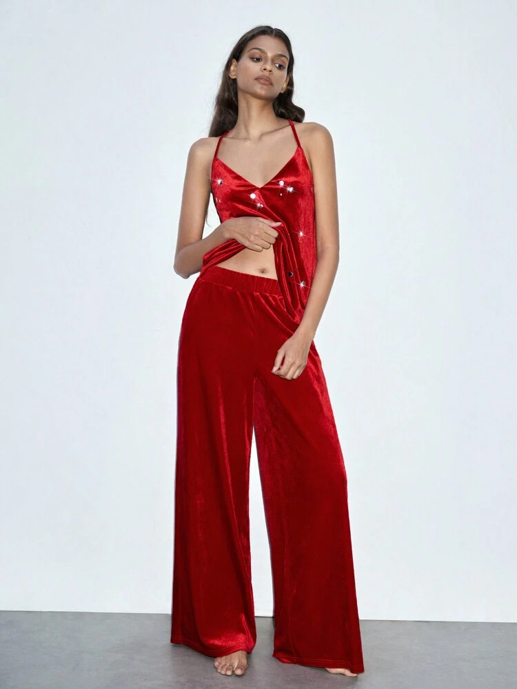 SHEIN Maija 2pcs/Set Women Christmas Party Rhinestone Velvet Cami Top & Loose Wide Leg Pants, Red, Autumn/Winter