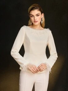 MOTF PREMIUM FLUFFY RHINESTONE TRIM PEPLUM TOP