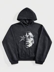 Forever 21 Men's Casual Street Style Versatile Portrait Abstract Print, Snowflake Fabric Loose Hooded Sweatshirt - Black - View 2