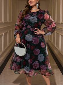 SHEIN Clasi 大码花卉印花圆领网眼撞色长袖连衣裙 - 彩色 - 查看 4