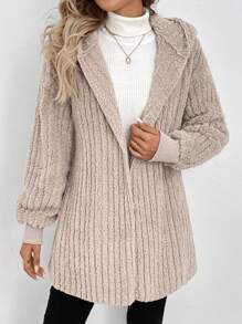 SHEIN LUNE Women Hooded Drawstring Hem Plush Texture Casual Commuter Elegant Outerwear, Suitable For Autumn/Winter