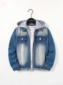 SHEIN 青少年男孩时尚休闲蓝灰色针织拼布牛仔长袖夹克男孩感恩节服装日常服装秋冬儿童服装男童冬季外套/夹克 - 中等水洗藍 - 查看 1