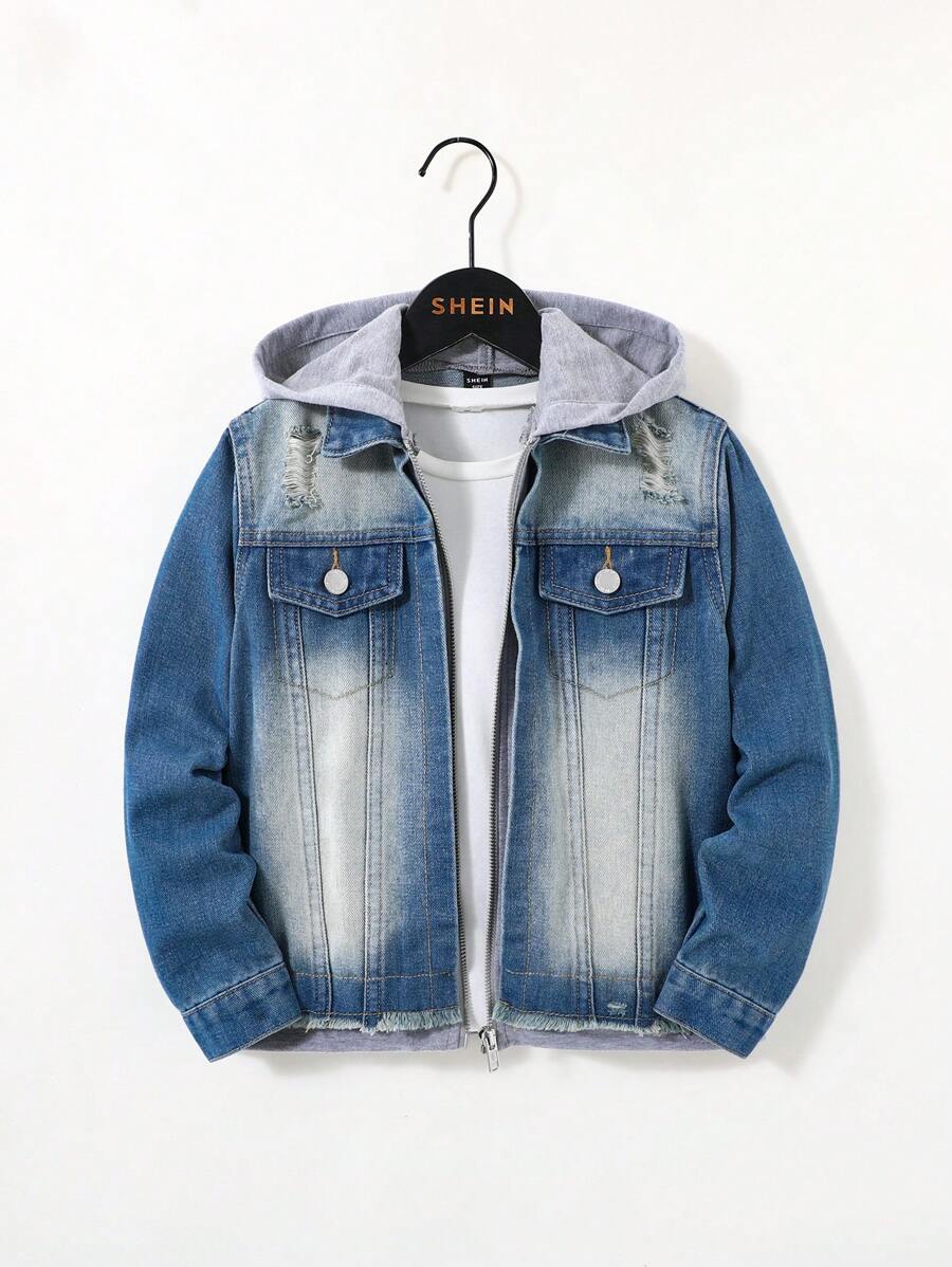 SHEIN 青少年男孩时尚休闲蓝灰色针织拼布牛仔长袖夹克男孩感恩节服装日常服装秋冬儿童服装男童冬季外套/夹克 - 中等水洗藍 - 查看 1