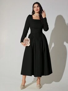 Modelyn Rochie de culoare solidă pentru femei, cu decolteu pătrat, talie, rochii lungi de seară de toamnă