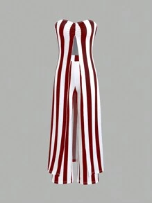 SHEIN Unity 2 pièces/Set Débardeur bandeau fendu avec ourlet plissé rayé et pantalon à coupe aléatoire pour femme - Multicolore - Voir 6