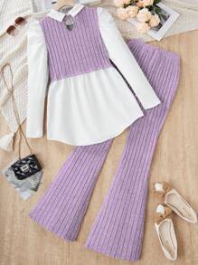 2pcs/Set Teen Girl Ribbed Splice Puff Sleeve Shirt And Ribbed Elastic Waist Flare Pants