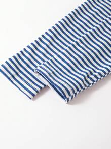 SHEIN BASICS Áo thun nữ cổ tròn kẻ sọc dệt kim dài tay có dây rút bên hông ôm sát - Xanh và trắng - Xem 8
