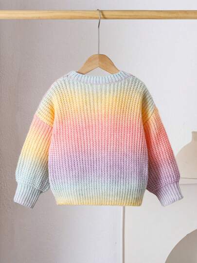 Sparklyn Young Girl Handmade Flower Gradient Knitted Sweater, Cute Casual Round Neck Lantern Sleeve Pullover