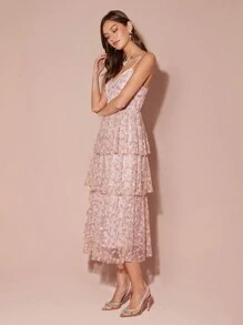 Enchnt Women's Pink V-Neck Mesh Embroidered Floral Waist With Cake Tiered Hem, Thin Sleeveless Waist And Elegant, Cute Long Spaghetti Strap Dress, French Spaghetti Strap Dress, Party, Date Spaghetti Strap Dress, Pastoral Spaghetti Strap Dress, Holiday, Fall Winter