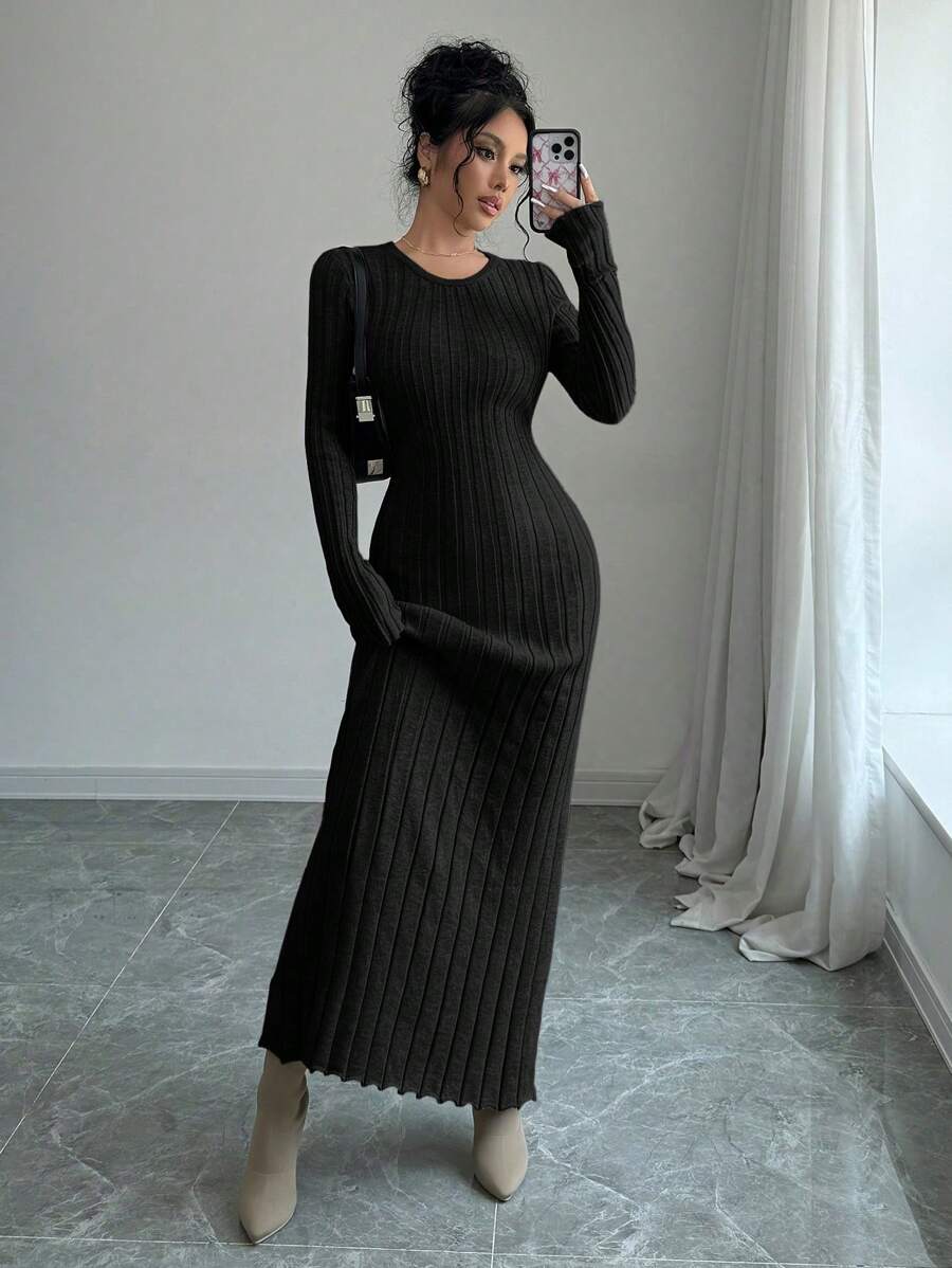Rafferiza Women Solid Round Neck Long Sleeve Minimalist Casual Knit Sweater Dress Fall Winter Cloth For Women - Black - View 1