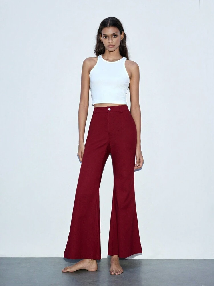 SHEIN Maija Women's Red Flare Leg Elegant Work Wear Low Waist Pants, Autumn/Winter Christmas