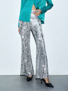 Maija Zilveren gebreide flared broek met pailletten voor dames, elegante feest-/Valentijnsdagkleding, lente/zomer