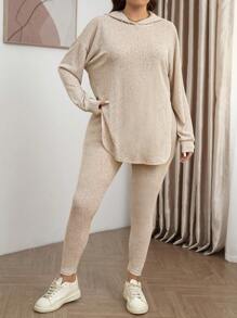 SHEIN LUNE 2 件套大码女式纯色落肩长袖连帽上衣和裤子休闲套装，秋季大码秋装 - 杏色 - 查看 6