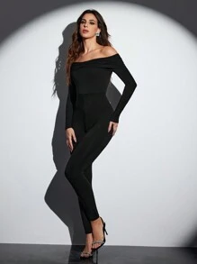 Daniela Ricciardelli Designer Women Solid Off-Shoulder Jumpsuit Outfit, Slim Fit, Casual For Daily Wear, For Party, Holiday, Vacation, Spring, Beach, Festival, Ibiza Fits