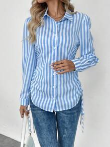 SHEIN LUNE 女士休闲优雅翻领泡泡袖抽绳腰部不对称下摆侧条纹印花长袖衬衫，适合日常和通勤穿着，秋冬季 - 藍白色 - 查看 4