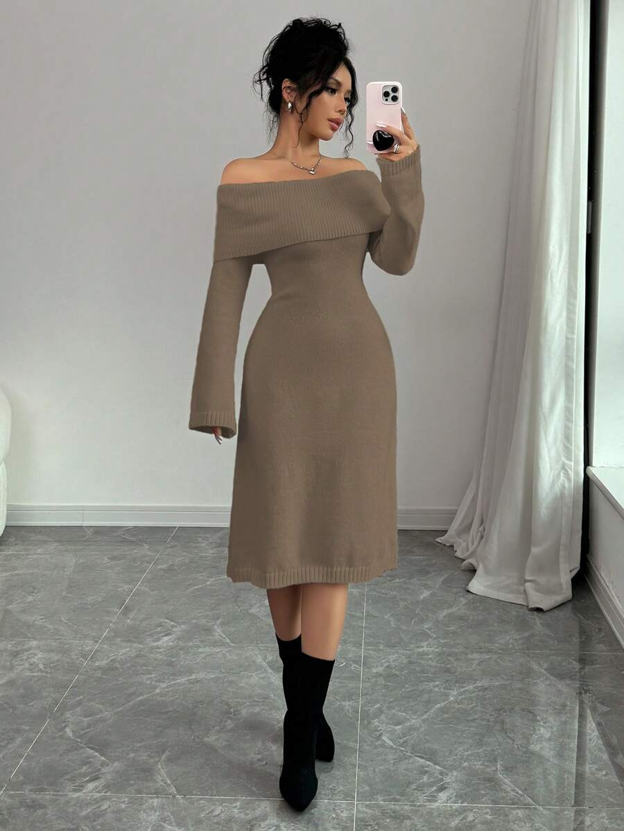Elenzga 1 buah Gaun Sweater Rajut Hangat Lengan Panjang Model A-Line Tanpa Bahu Warna Beige untuk Wanita, Musim Gugur/Dingin - Khaki - View 1
