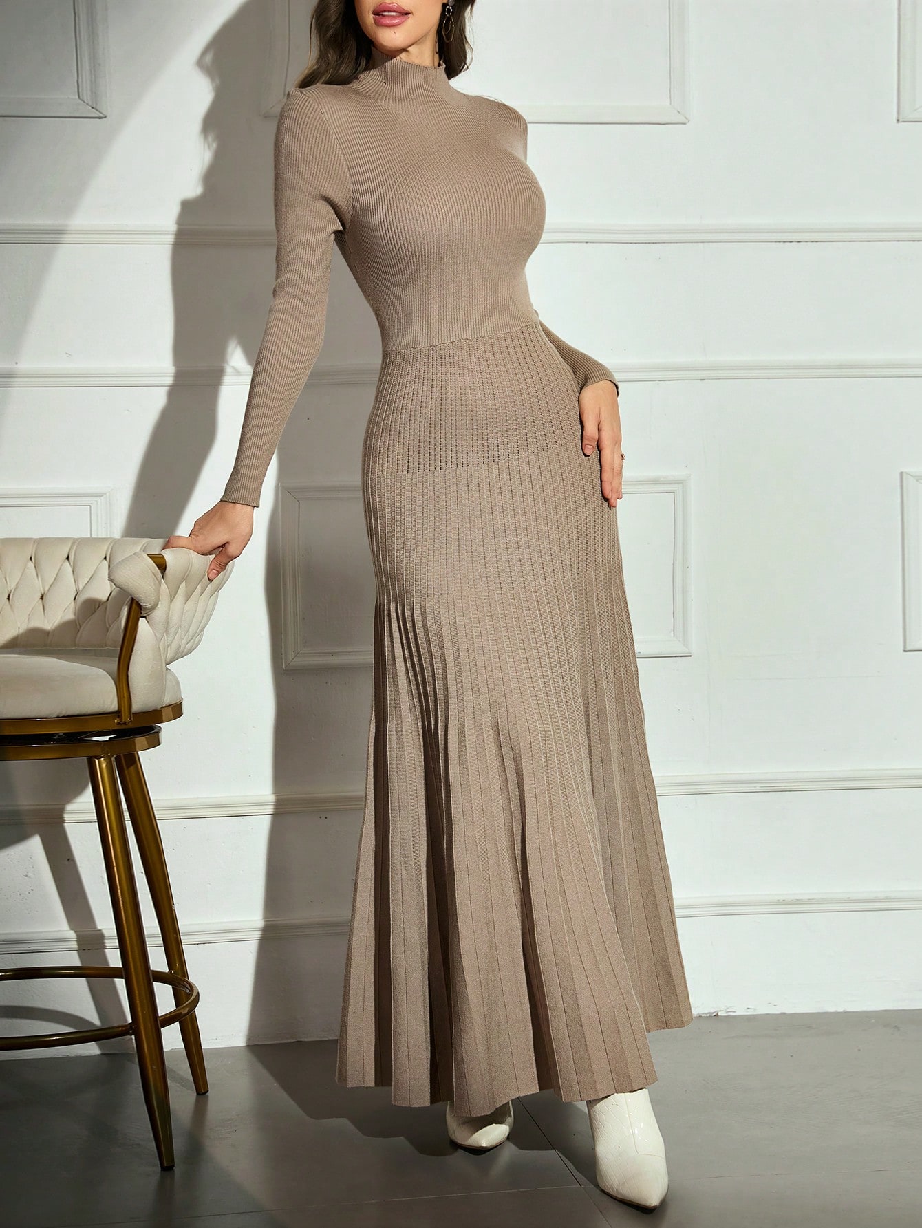 Modelyn فستان كنزة صوفية بياقة عالية وأكمام طويلة...