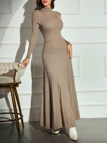 Modelyn 1 chiếc váy len dài tay xếp ly màu trơn cổ đứng thanh lịch cho nữ - Màu Khaki - Xem 4