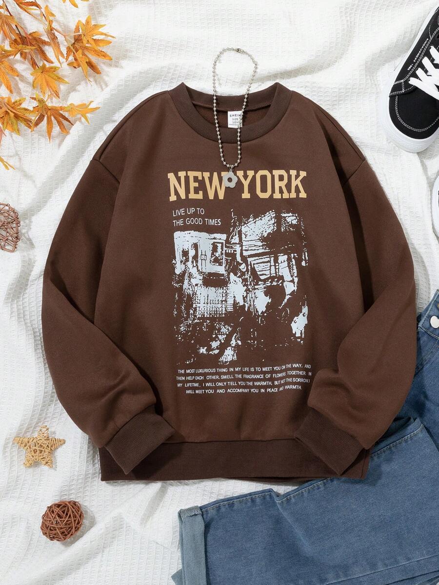 Tween Girls Casual Everyday Slogan Print Round Neck Loose Fit Sweatshirt, Autumn - Coffee Brown - View 1