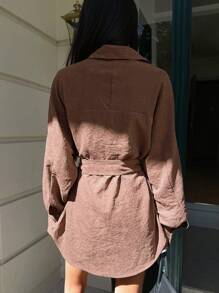 DAZY 1pc Women Solid Color Loose Fit Long Sleeve Shirt With Belt,Fall Clothes - Brown - View 2