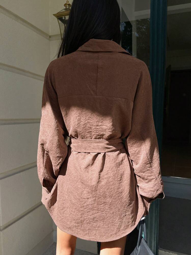 1pc Women Solid Color Loose Fit Long Sleeve Shirt With Belt,Fall Clothes