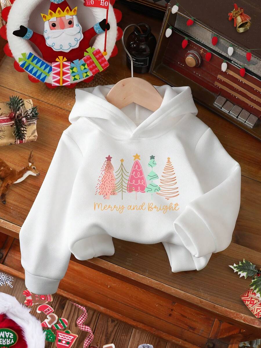 女婴圣诞树印花长袖抓绒卫衣，秋冬季 - 白色 - 查看 1