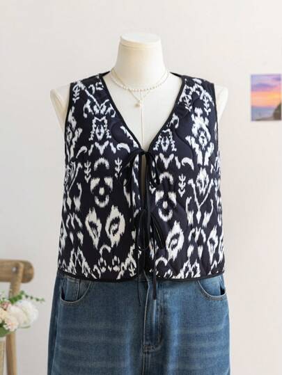 Soleia 大码女式民族风V领无袖背心，系带设计，适合度假、秋冬季节、感恩节、圣诞节、派对、冬季上衣、嬉皮风、女式外套、万圣节服装等场合。