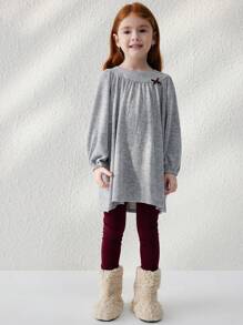 Blossori Đầm cổ tròn dệt kim nơ xám rộng rãi cho bé gái kèm quần legging, phong cách Pháp thanh lịch, thu/đông - Xám - Xem 1