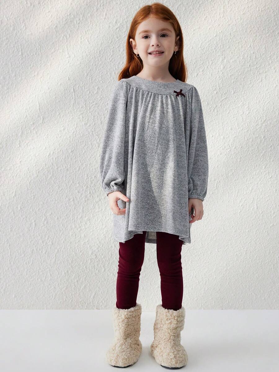 Blossori Đầm cổ tròn dệt kim nơ xám rộng rãi cho bé gái kèm quần legging, phong cách Pháp thanh lịch, thu/đông - Xám - Xem 1