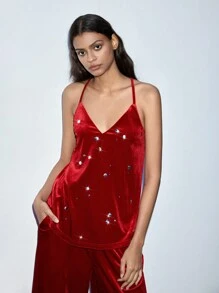 Maija 2pcs/Set Women Christmas Party Rhinestone Velvet Cami Top & Loose Wide Leg Pants, Red, Autumn/Winter - Red - View 1