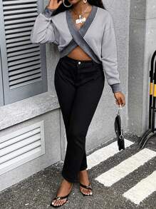 INAWLY Plus Size Women Criss-Cross Long Sleeve Fashionable Sweatshirt,Dark Green,Autumn,Casual,Graduation,Back To School Outfits,Teacher Outfits Pullover - Grey - View 2