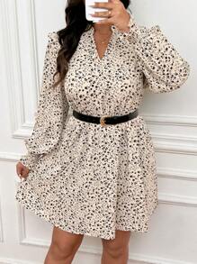 SHEIN Frenchy Plus Size Casual Beige Ditsy Floral Notched Neck Dress For Autumn,Elegant Wedding Guest Tea Party Outfit,Fashionable Vacation Street Commuting Dress - Multicolor - View 4