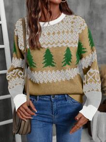 Chiquease 休闲日常圣诞树图案宽松针织毛衣，秋冬 - 彩色 - 查看 1