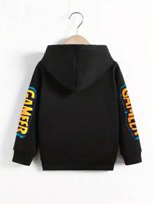 Cartoon Letter Print Long Sleeve Hooded Sweatshirt For Young Boys, Fashionable Casual Style Suitable For Autumn And Winter - Black - View 2