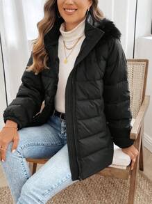 EMERY ROSE Women's Winter Warm Zip-Up Patchwork Fluffy Hooded Jacket