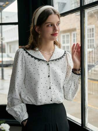 Simple Retro Women's Autumn And Winter Peter Pan Collar Lace Splicing Polka Dot Black And White Elegant Retro Elegant Loose Long-Sleeved Casual Shirt
