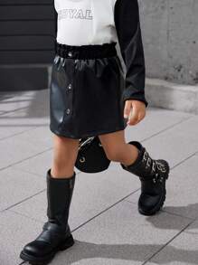 SHEIN Young Girl Solid Black Urban Retro Casual Ruffle High Waist Midi Skirt For Summer