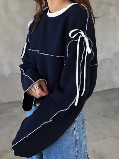 FRIFUL Women's Oversized Round Neck Contrast Color Bowknot T-Shirt Long Sleeve Women Tops,Fall Women Clothes