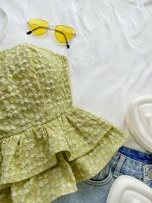 Soleia 女人度假女士休闲鹅黄色提花系带露背荷叶边抹胸夏季可爱午餐休闲返校黄色上衣 - 綠色 - 查看 4
